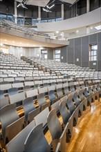 Rows of seats in an empty lecture theatre, interior photo, Department of Mechanical Engineering,