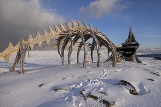 Monument Drakkar Leviathan, in the snow, mixture of Viking ship and dragon, Vardoe, Finmark,