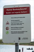 Sign, Bathing at your own risk, Oat, Kappeln, Schlei, Schleswig-Holstein, Germany, Europe
