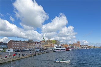 Church, building, excursion boats, boat, clouds, harbour, Kappeln, Schlei, Schleswig-Holstein,