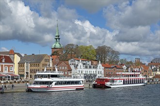 Church, building, excursion boats, clouds, harbour, Kappeln, Schlei, Schleswig-Holstein, Germany,