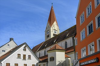 Crescentia Monastery with church tower and clock, Kaufbeuern, Allgaeu, Swabia, Bavaria, Germany,