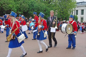A marching band on the streets, folklore, bank holidays 17 May, Norwegian flag, Oslo, Norway,