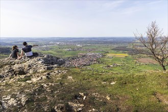 Breitenstein near Ochsenwang in spring, rocky outcrop of the Swabian Alb, 811 metre high rocky