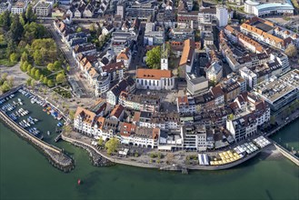Zeppelin flight over Lake Constance, aerial view, harbour and lakeside promenade, Friedrichshafen,