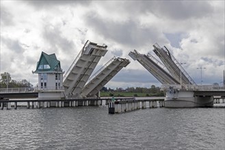 Bascule bridge is opened, Kappeln, Schlei, Schleswig-Holstein, Germany, Europe