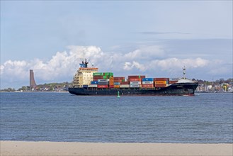 Container ship, Falckensteiner Strand, Naval Memorial, Laboe, Kiel Fjord, Kiel, Schleswig-Holstein,