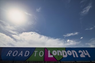 Exterior view of Allianz Arena, logo, Champions League, Road to London 2024, Munich, Bavaria,