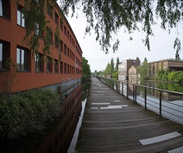 Building, jetty, reflection, photomerge, Veringkanal, Wilhelmsburg, Hamburg, Germany, Europe
