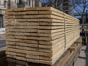 Stack of wooden planks on a building site, Berlin, Germany, Europe