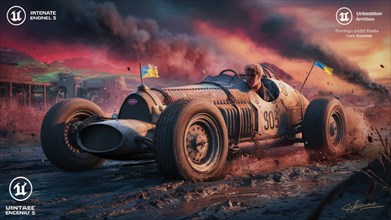 Action-packed scene with a vintage racing car kicking up dust on a rugged track, AI generated