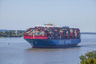 Cosco container ship on the Elbe, Blankenese district, Hamburg, Germany, Europe