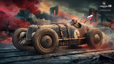 Dynamic image of a classic race car speeding along with vibrant, multicolored smoke in the