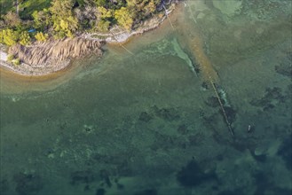 Flight in a zeppelin along the shore of Lake Constance, sewage pipe, aerial view, Immenstaad,