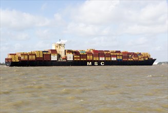 MSC Ellen container ship arriving at Port of Felixstowe, Suffolk, England, UK