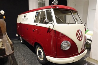 Side view of a classic red and white Volkswagen T1 Transporter, AUTOMUSEUM PROTOTYP, Hamburg,