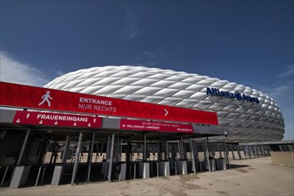 Exterior view Allianz Arena, logo, entrance area, woman's entrance, Munich, Bavaria, Germany,