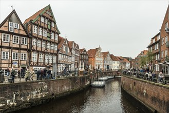 Half-timbered houses and restaurants in the old town, Buxtehude, Altes Land, Lower Saxony, Germany,