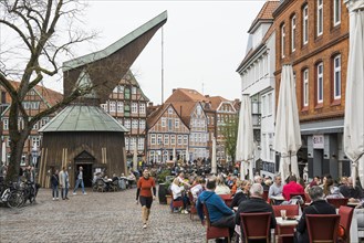 Half-timbered houses and restaurants in the old town, Buxtehude, Altes Land, Lower Saxony, Germany,