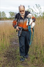 Elderly man carrying Bolonka Zwetna dog over mud, Elbe, Elbtalaue near Bleckede, Lower Saxony,