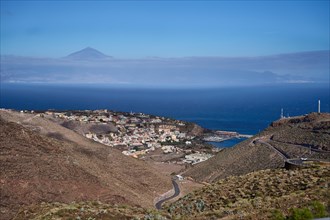 View of San Sebastian de la Gomera and Tenerife with the Teide from a viewpoint, La Gomera, Canary