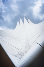View of a futuristic-looking white tent roof against the sky, Tempodrom, Berlin, Germany, Europe