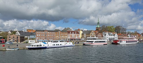 Church, building, excursion boats, clouds, harbour, Kappeln, Schlei, Schleswig-Holstein, Germany,