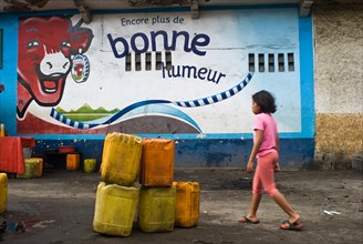 Mural painting, advertisement for cheese called La vache qui rit, Tamatave, Madagascar, Africa