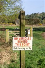 No Vehicles beyond This Point, Bridleway Only, sign Suffolk Sandlings, Shottisham, England, UK