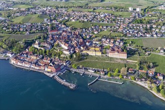 Zeppelin flight over Lake Constance, aerial view, Meersburg with castle, new castle, harbour and
