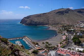 Oat and beach seen from a viewpoint next to the Parador de La Gomera, Sebastian de la Gomera, La