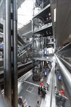 Multi-storey railway station with glass facade and people on different levels, Berlin Central