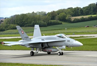 McDonnell Douglas FA 18C Hornet fighter aircraft of the Swiss Air Force taxied at Payerne military