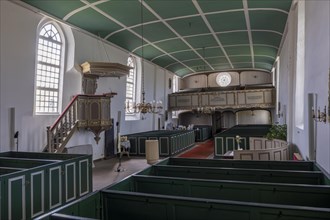 Protestant Reformed Church from 1401, interior with pews and pulpit, Greetsiel, Krummhoern, East