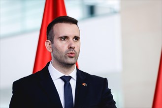 Milojko Spajic, Prime Minister of Montenegro, pictured during press conference in Berlin, 29 April