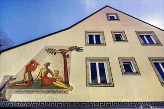 Facade with fresco, shepherd with flute and shepherdess with lamb, Kaufbeuern, Allgaeu, Swabia,