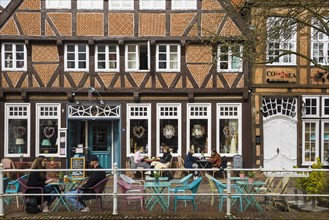 Half-timbered houses and restaurants in the old town, Buxtehude, Altes Land, Lower Saxony, Germany,