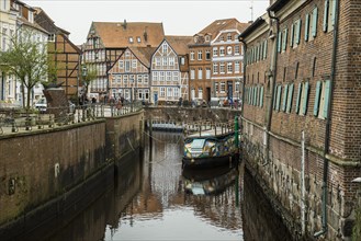 Half-timbered houses and restaurants in the old town, Buxtehude, Altes Land, Lower Saxony, Germany,