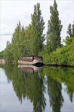 Boat, trees, reflection, Veringkanal, Wilhelmsburg, Hamburg, Germany, Europe