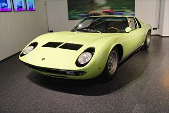 Lamborghini Miura P400, in light green colour, a classic sports car in an exhibition, AUTOMUSEUM