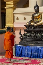 Monk in front of a Buddha statue, Bhumispara-mudra, Buddha Gautama at the moment of enlightenment,