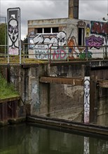 Old, no longer used Wanne-Eickel lock in bad weather, north chamber, Lost Place, Rhine-Herne Canal,
