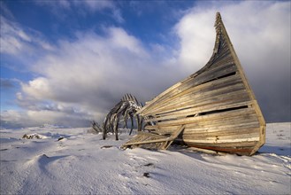Monument Drakkar Leviathan, in the snow, mixture of Viking ship and dragon, Vardoe, Finmark,