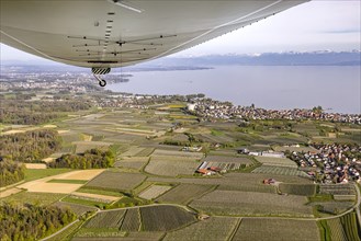 Flight in a zeppelin along the shore of Lake Constance, aerial view, Immenstaad with marina and