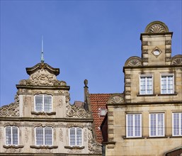 Gables of two houses against blue sky at the market square in Bremen, Hanseatic city, federal state