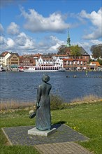 Statue, viewpoint Schleibruecke, church, excursion ship Schlei Princess, harbour, Kappeln, Schlei,