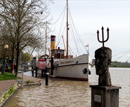 Historic steamship Prinz Heinrich, in front bust of Georg Willms, in the museum harbour, town of