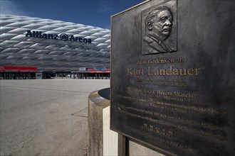 Exterior view of Allianz Arena, logo, plaque commemorating Kurt Landauer, President of FC Bayern
