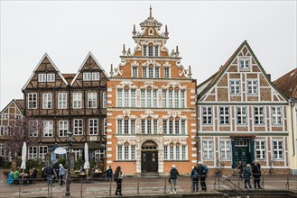 Half-timbered houses and restaurants in the old town, Buxtehude, Altes Land, Lower Saxony, Germany,