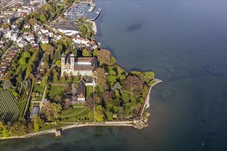 Schlosshorn with castle and castle church, tourism at Lake Constance, aerial view, city view of